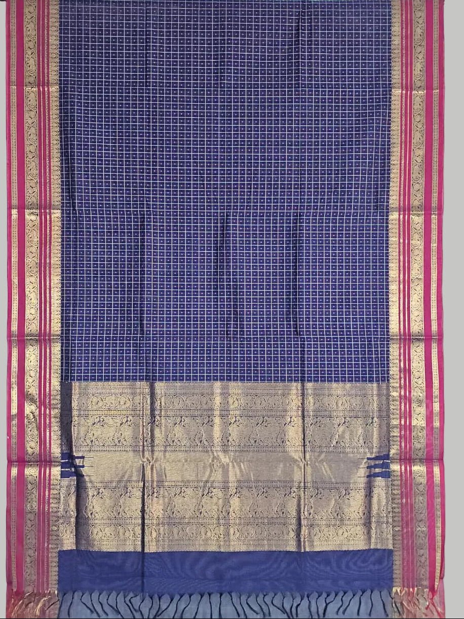 Deepika – Navy Blue Lakshadeepam Handloom Kanchi Cotton Saree with Magenta Zari Border - Kleemkaara