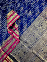 Deepika – Navy Blue Lakshadeepam Handloom Kanchi Cotton Saree with Magenta Zari Border - Kleemkaara
