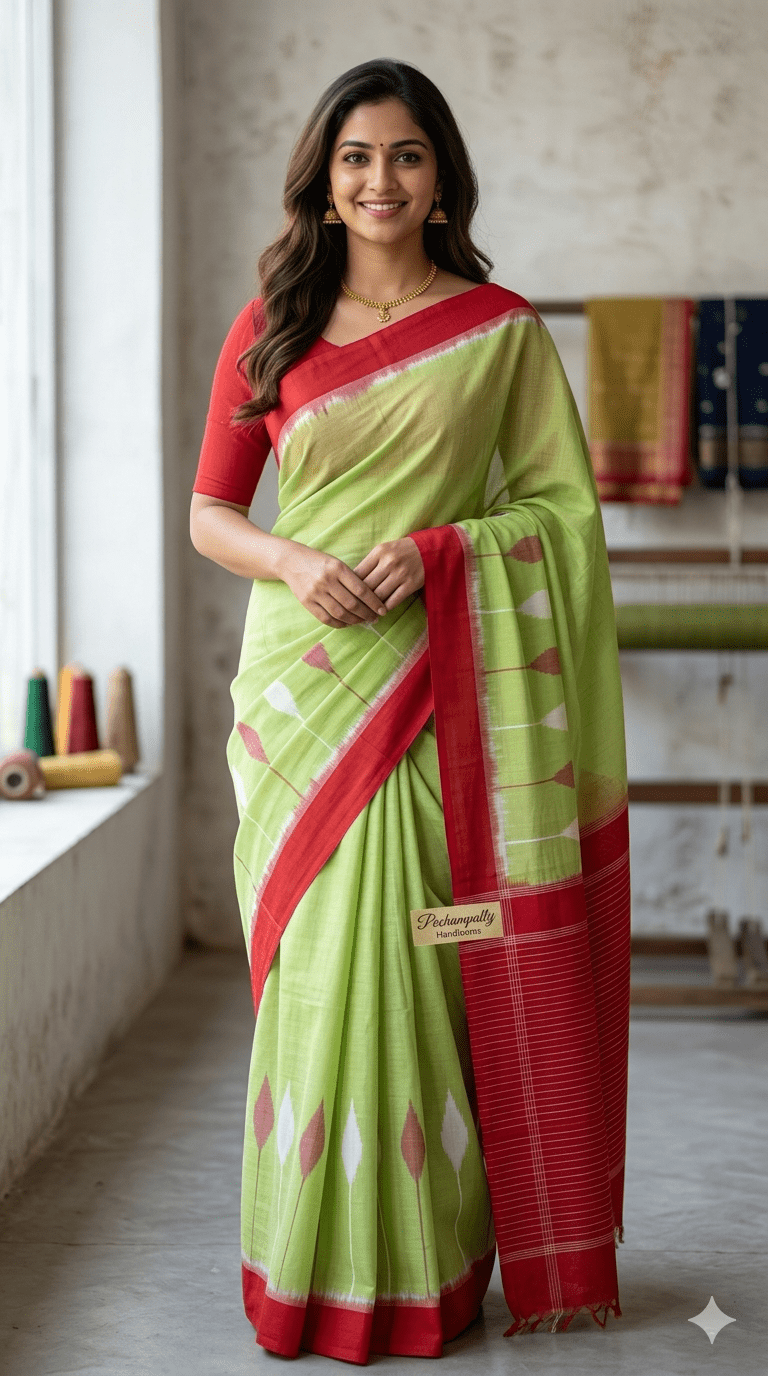 Green and Red Handloom Pochampally Ikkat Mercerized Cotton Saree - Kleemkaara