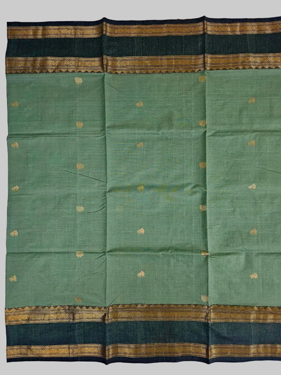 Green Handloom Venkatagiri Cotton Saree with Rettai pet Zari Border - Kleemkaara