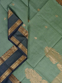 Green Handloom Venkatagiri Cotton Saree with Rettai pet Zari Border - Kleemkaara