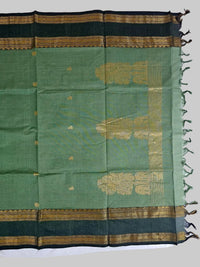 Green Handloom Venkatagiri Cotton Saree with Rettai pet Zari Border - Kleemkaara