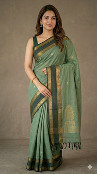 Green Handloom Venkatagiri Cotton Saree with Rettai pet Zari Border - Kleemkaara