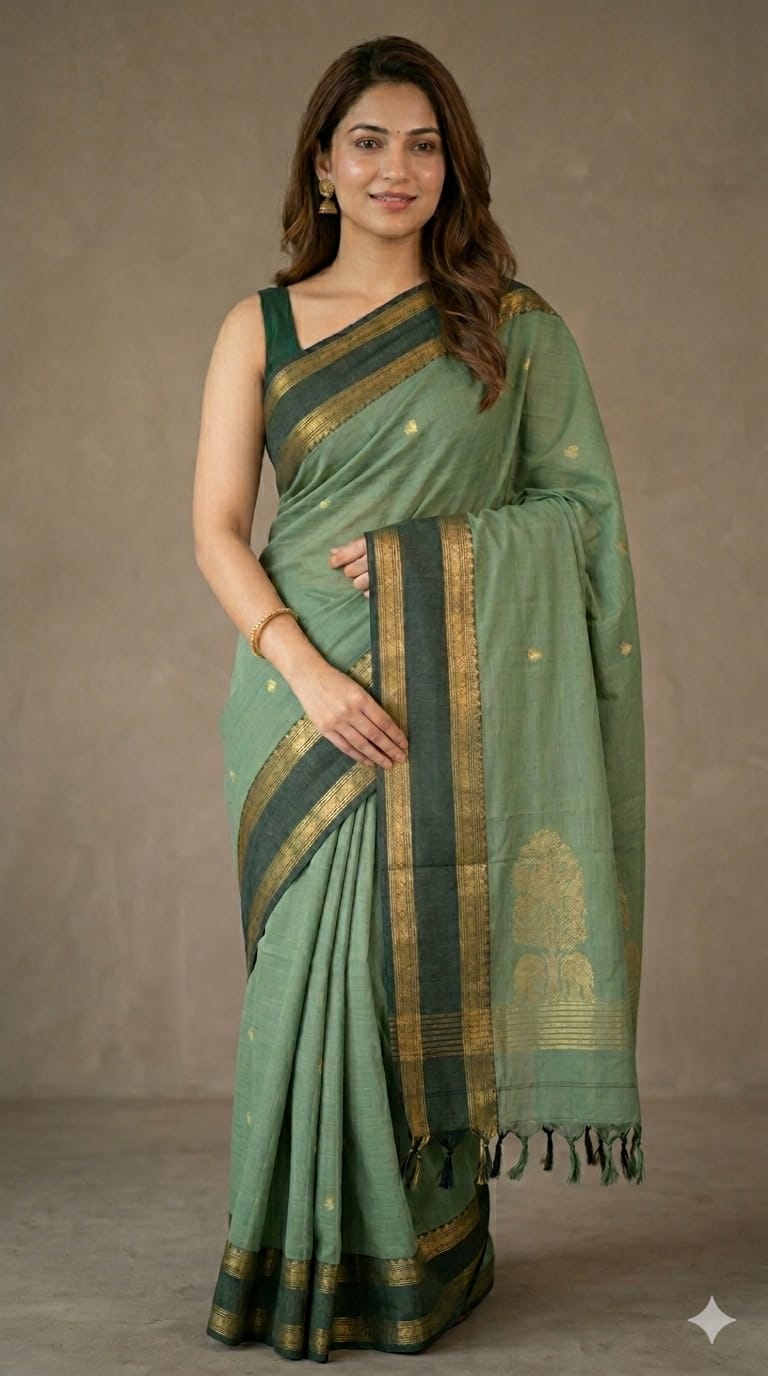 Green Handloom Venkatagiri Cotton Saree with Rettai pet Zari Border - Kleemkaara