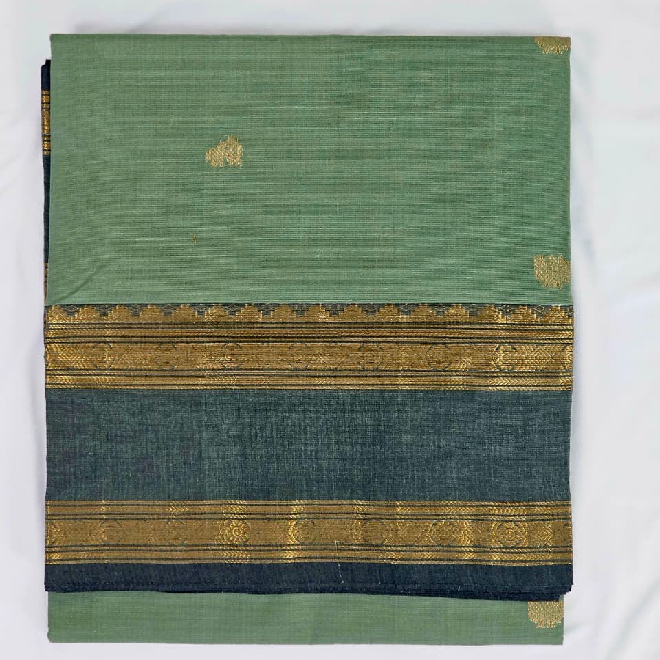 Green Handloom Venkatagiri Cotton Saree with Rettai pet Zari Border - Kleemkaara