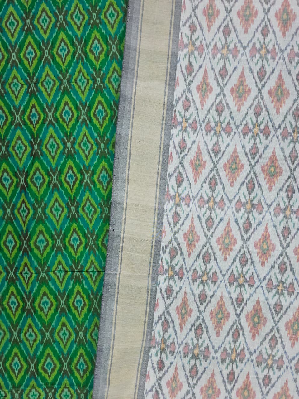 Green Pochampally Handloom Ikat Silk Cotton (Sico) Dress Material with White Dupatta - Kleemkaara