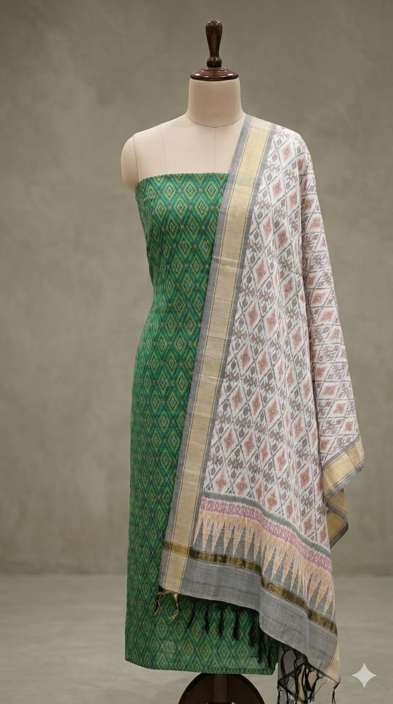 Green Pochampally Handloom Ikat Silk Cotton (Sico) Dress Material with White Dupatta - Kleemkaara