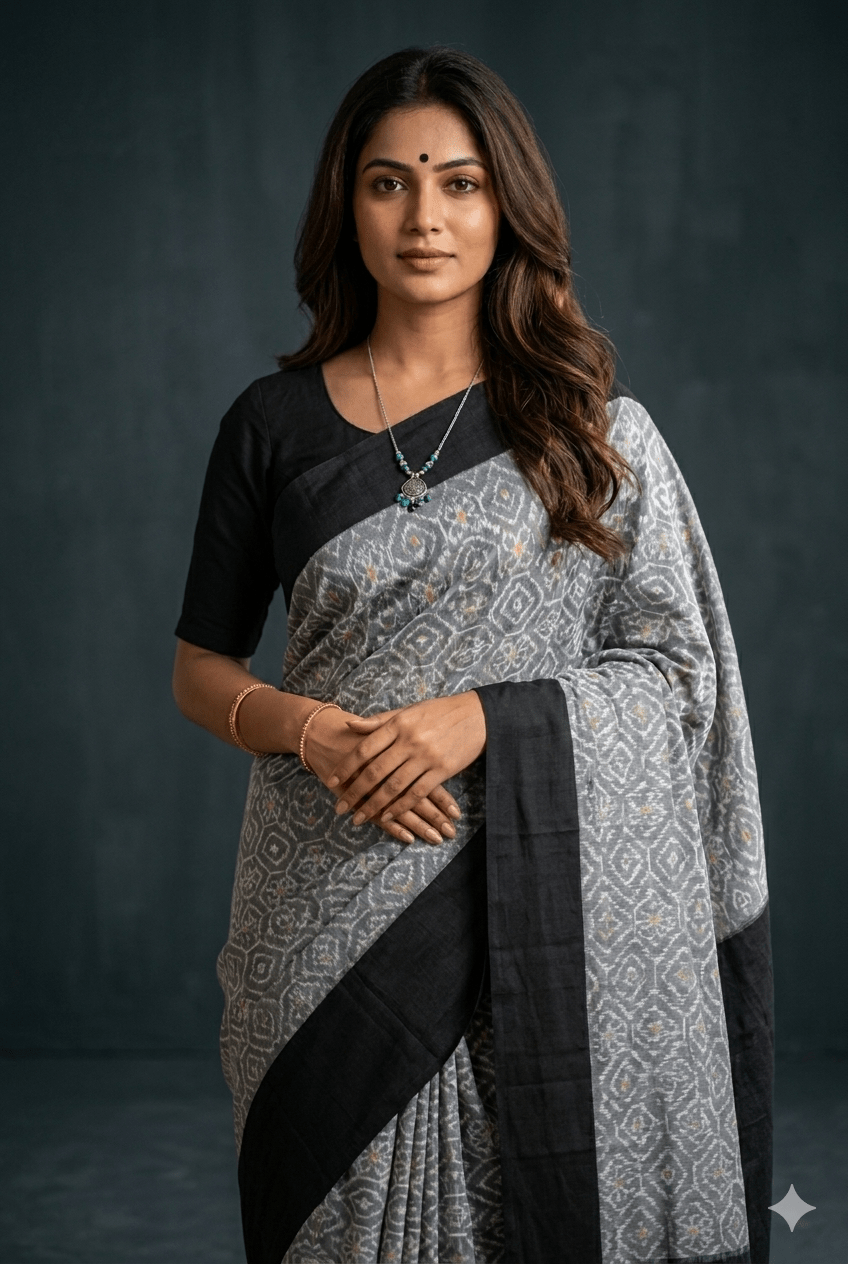 Grey and Black Handloom Pochampally Ikkat Mercerized Cotton Saree - Kleemkaara