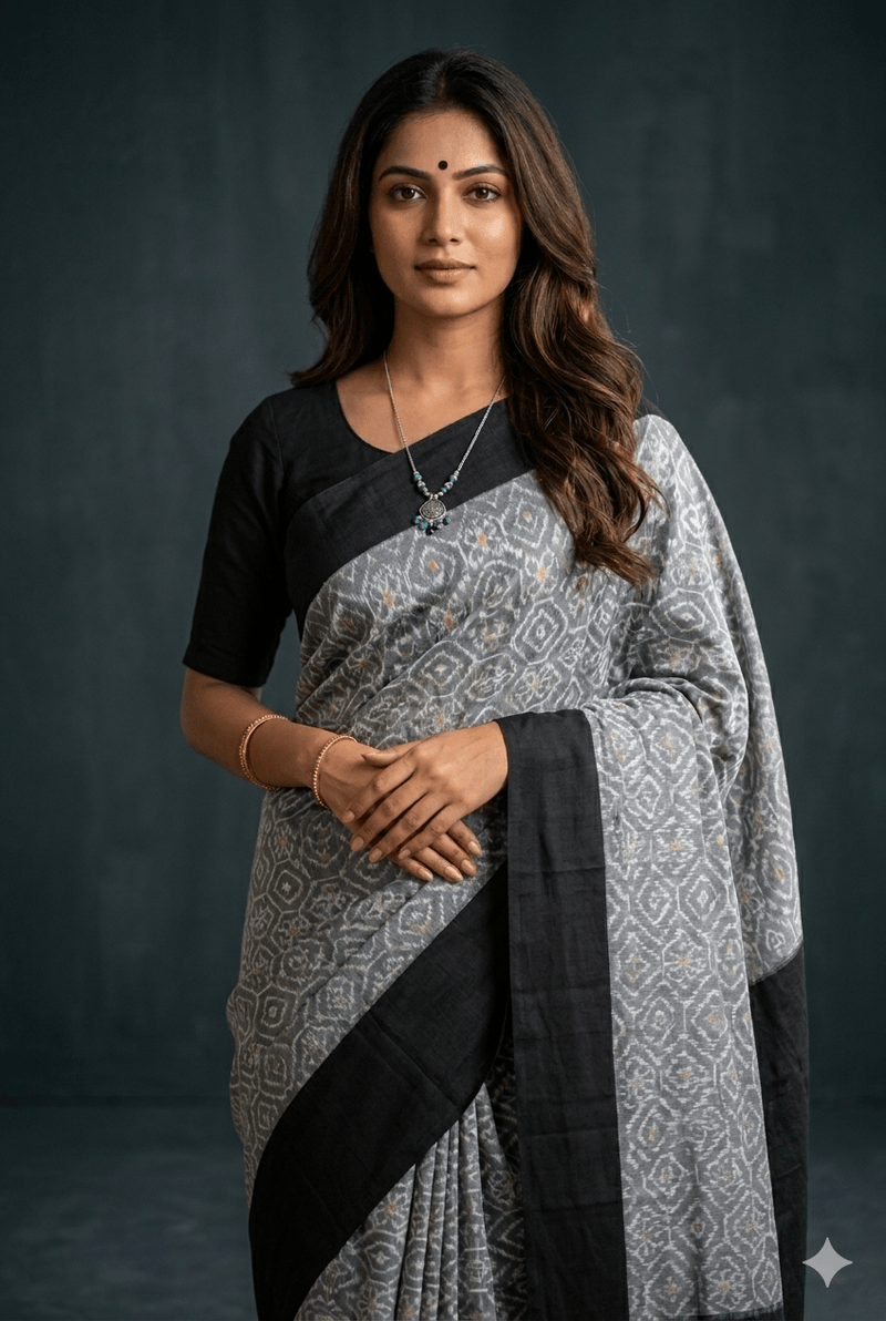 Grey and Black Handloom Pochampally Ikkat Mercerized Cotton Saree - Kleemkaara