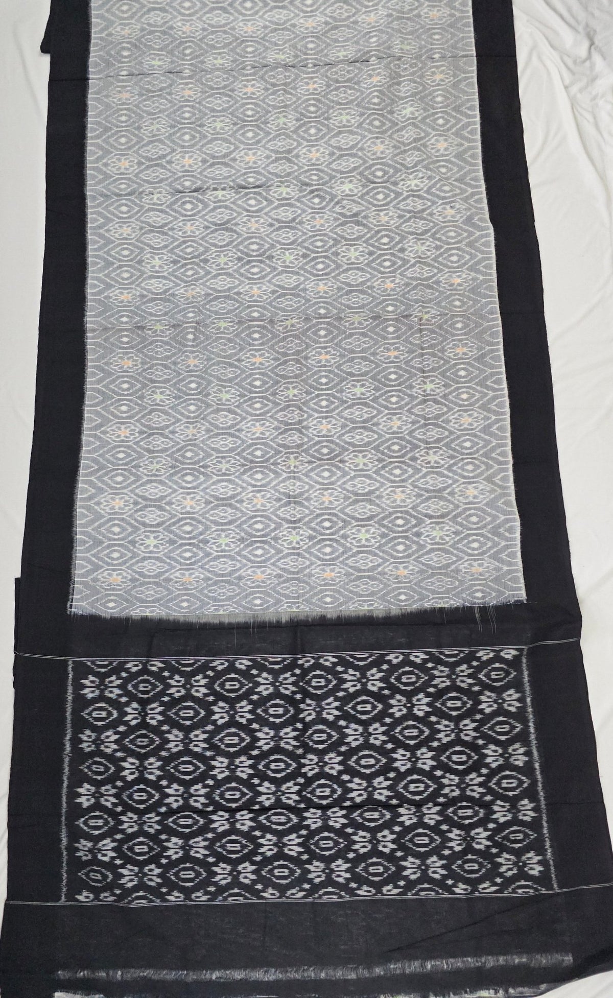 Grey and Black Handloom Pochampally Ikkat Mercerized Cotton Saree - Kleemkaara