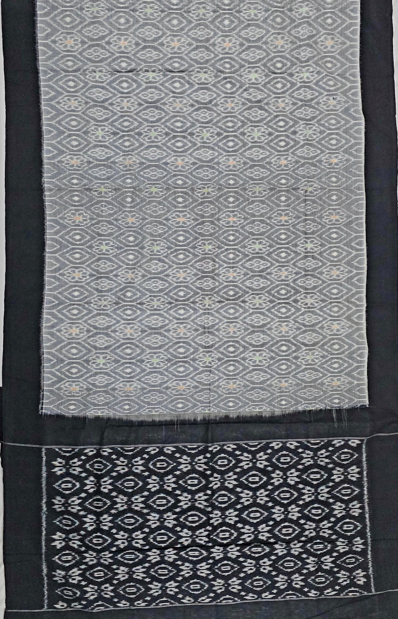 Grey and Black Handloom Pochampally Ikkat Mercerized Cotton Saree - Kleemkaara