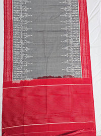 Grey and Red Handloom Pochampally Ikkat Mercerized Cotton Saree - Kleemkaara