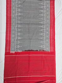Grey and Red Handloom Pochampally Ikkat Mercerized Cotton Saree - Kleemkaara