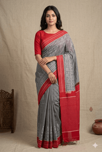 Grey and Red Handloom Pochampally Ikkat Mercerized Cotton Saree - Kleemkaara