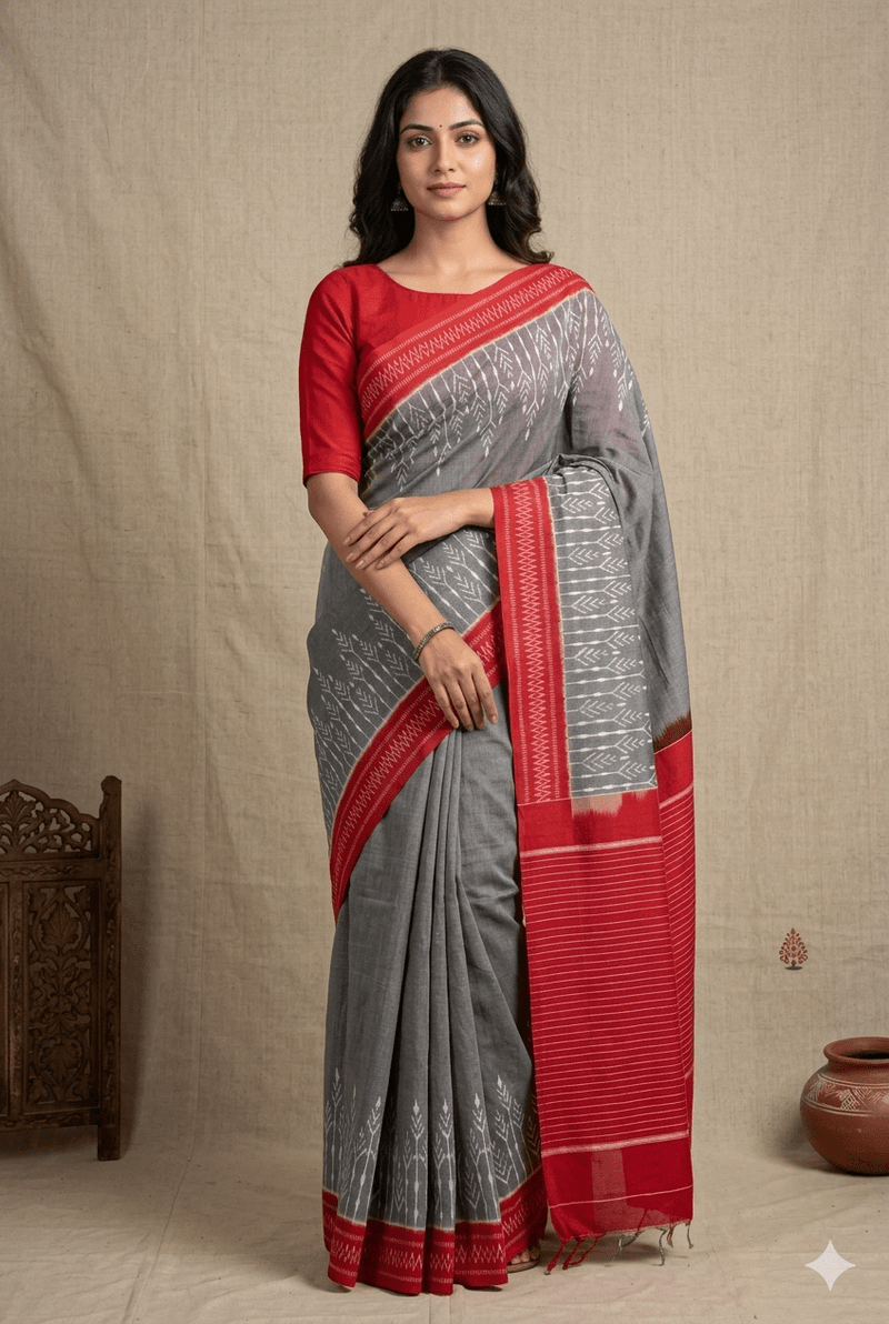 Grey and Red Handloom Pochampally Ikkat Mercerized Cotton Saree - Kleemkaara