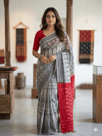 Grey and White Handloom Pochampally Ikkat Mercerized Cotton Saree - Kleemkaara