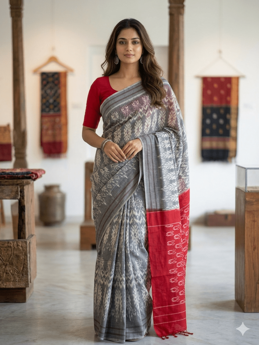 Grey and White Handloom Pochampally Ikkat Mercerized Cotton Saree - Kleemkaara
