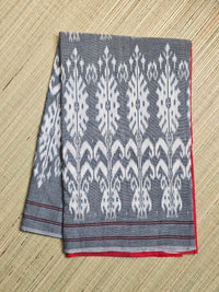 Grey and White Handloom Pochampally Ikkat Mercerized Cotton Saree - Kleemkaara