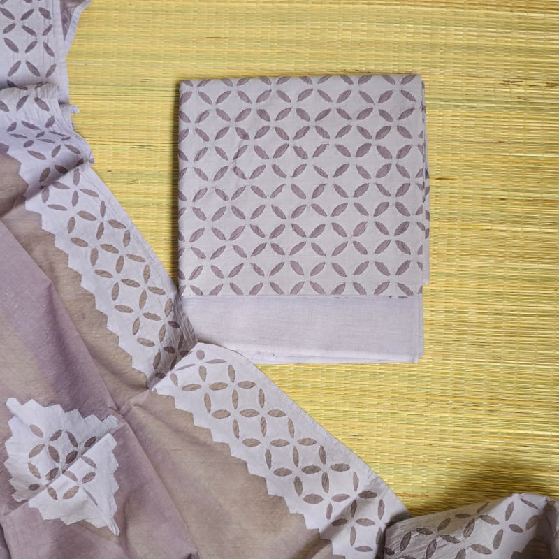 Grey Barmer Appliqué Cut Work Cotton 3 Piece Suit Material - Kleemkaara