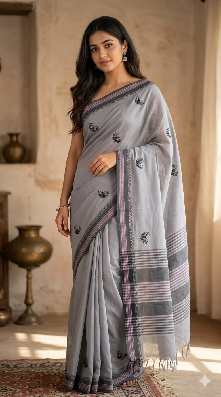 Grey Handloom Venkatagiri Cotton Saree with Butterfly Embroidery Motifs - Kleemkaara