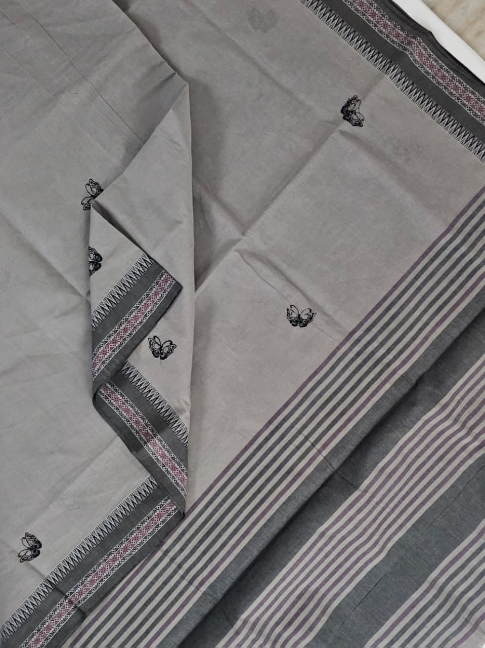 Grey Handloom Venkatagiri Cotton Saree with Butterfly Embroidery Motifs - Kleemkaara