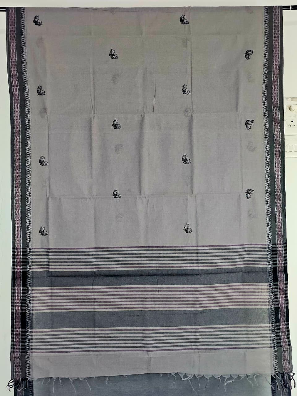 Grey Handloom Venkatagiri Cotton Saree with Butterfly Embroidery Motifs - Kleemkaara