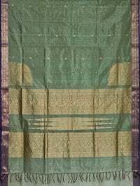 Harini – Pastel Green Handloom Kanchi Silk Cotton Saree with Blue Zari Border - Kleemkaara