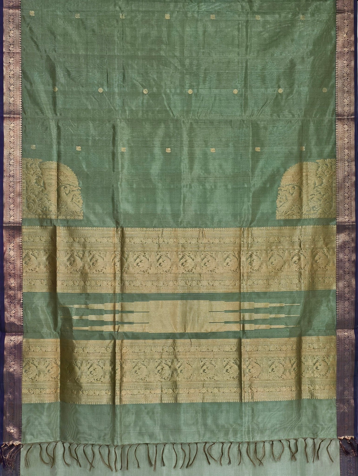 Harini – Pastel Green Handloom Kanchi Silk Cotton Saree with Blue Zari Border - Kleemkaara