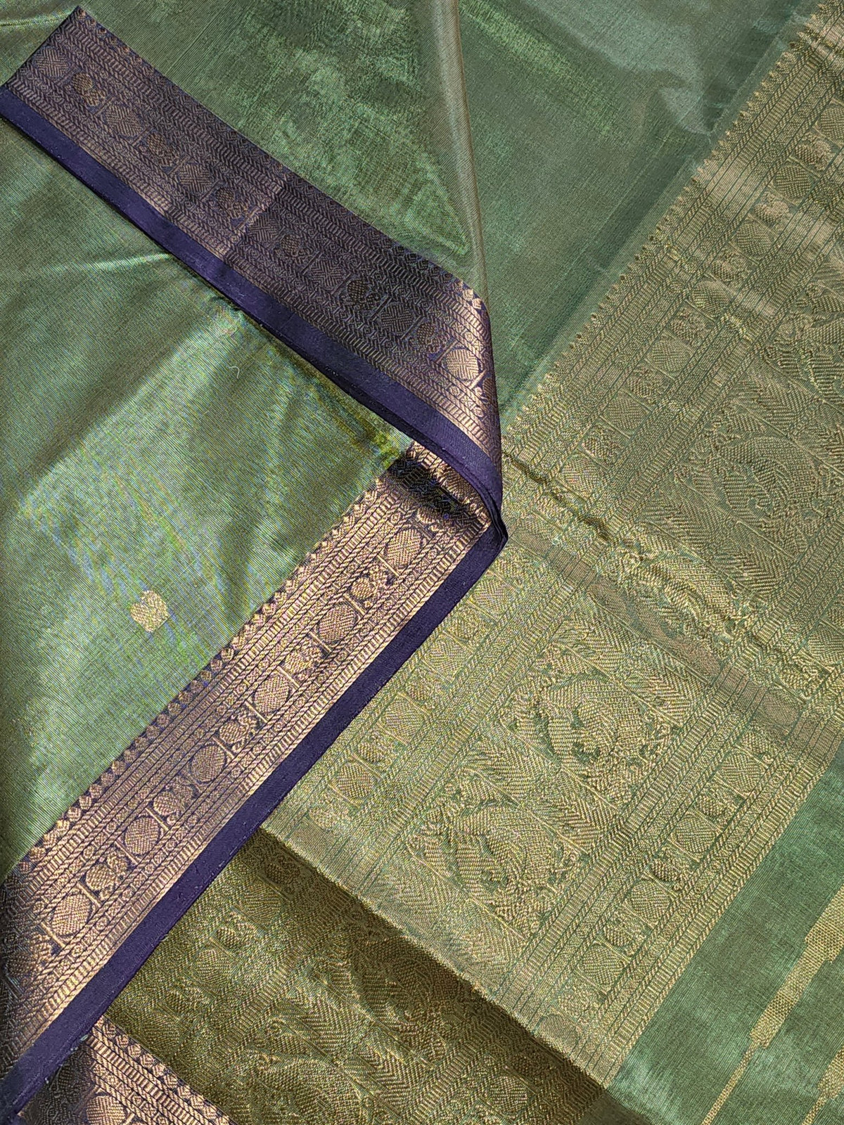 Harini – Pastel Green Handloom Kanchi Silk Cotton Saree with Blue Zari Border - Kleemkaara