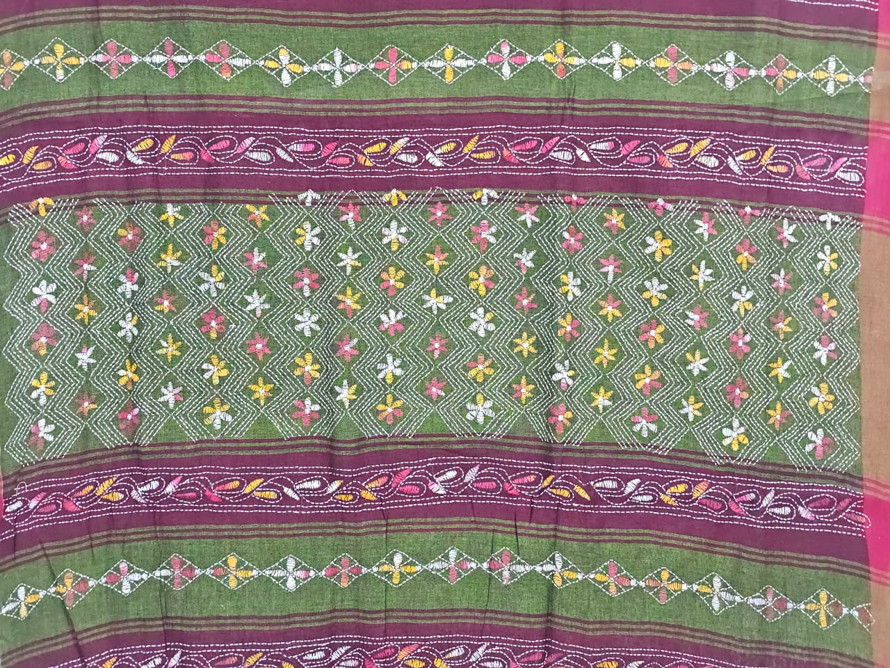 Hariprabha – Mehendi Green Kantha Hand Embroidered Cotton Saree with Crimson Border - Kleemkaara