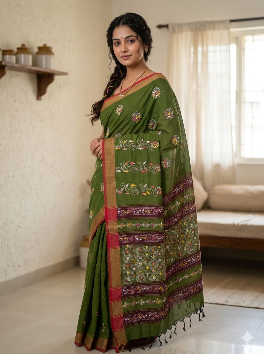 Hariprabha – Mehendi Green Kantha Hand Embroidered Cotton Saree with Crimson Border - Kleemkaara