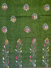 Hariprabha – Mehendi Green Kantha Hand Embroidered Cotton Saree with Crimson Border - Kleemkaara