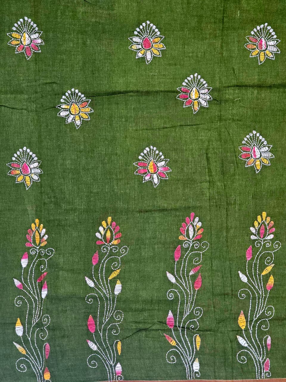 Hariprabha – Mehendi Green Kantha Hand Embroidered Cotton Saree with Crimson Border - Kleemkaara