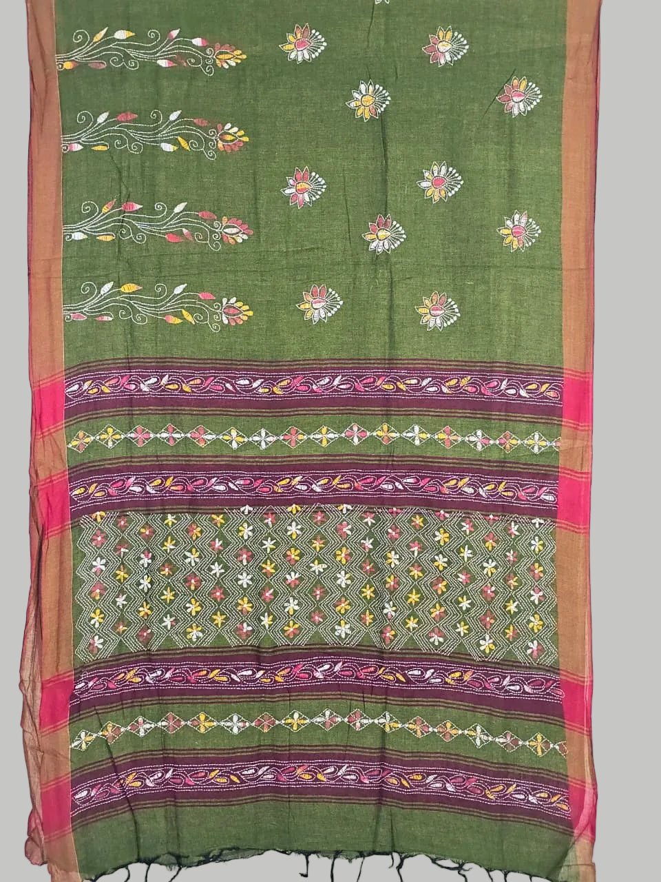Hariprabha – Mehendi Green Kantha Hand Embroidered Cotton Saree with Crimson Border - Kleemkaara