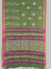 Hariprabha – Mehendi Green Kantha Hand Embroidered Cotton Saree with Crimson Border - Kleemkaara