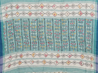 Haripriya – Sea Green Kantha Hand Embroidered Cotton Saree with Indigo Border - Kleemkaara