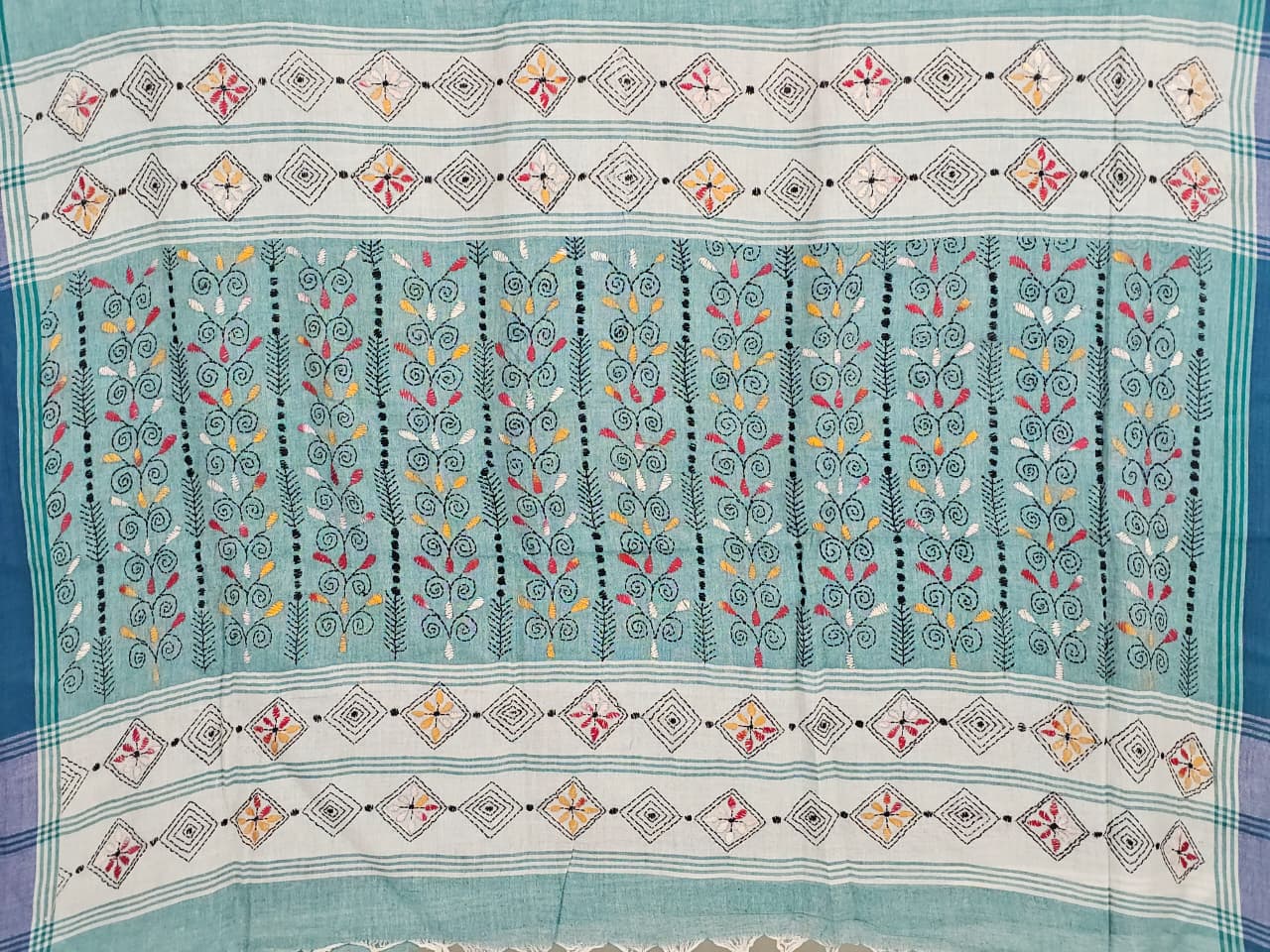 Haripriya – Sea Green Kantha Hand Embroidered Cotton Saree with Indigo Border - Kleemkaara