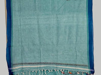 Haripriya – Sea Green Kantha Hand Embroidered Cotton Saree with Indigo Border - Kleemkaara