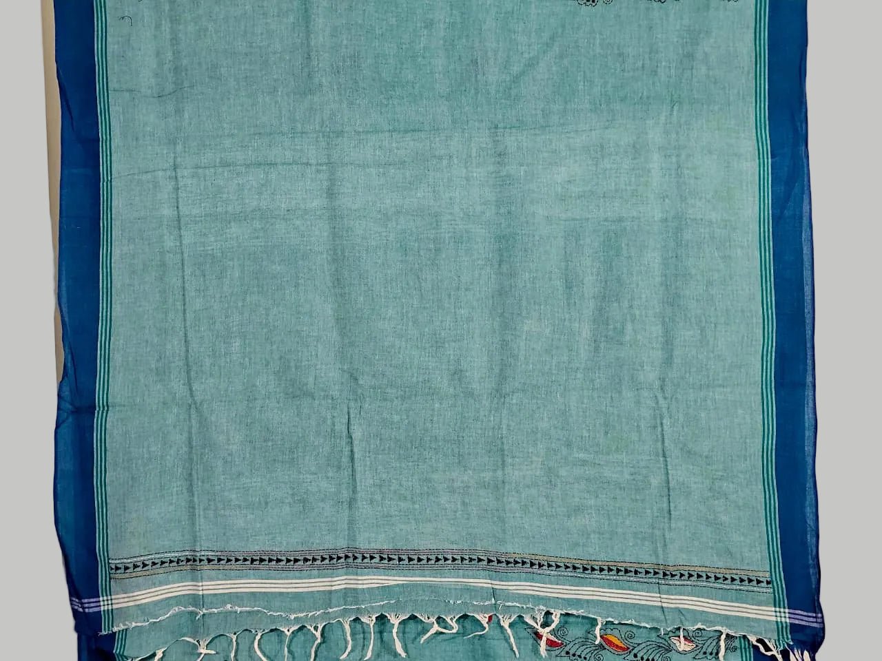 Haripriya – Sea Green Kantha Hand Embroidered Cotton Saree with Indigo Border - Kleemkaara