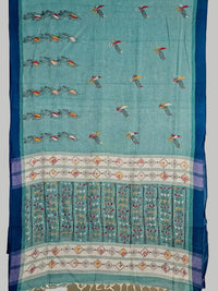 Haripriya – Sea Green Kantha Hand Embroidered Cotton Saree with Indigo Border - Kleemkaara