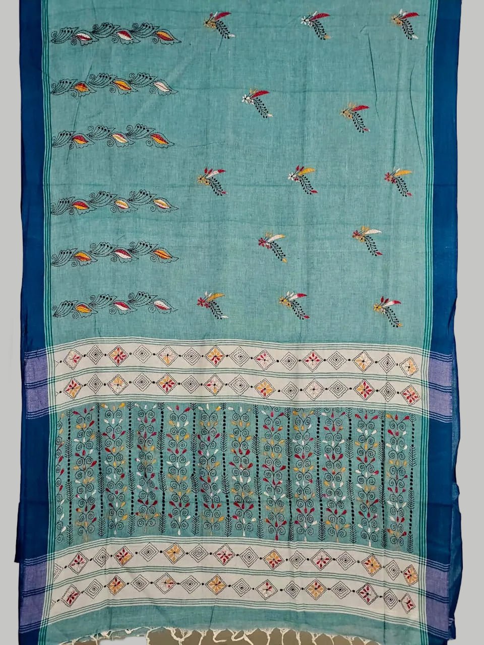 Haripriya – Sea Green Kantha Hand Embroidered Cotton Saree with Indigo Border - Kleemkaara