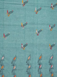 Haripriya – Sea Green Kantha Hand Embroidered Cotton Saree with Indigo Border - Kleemkaara