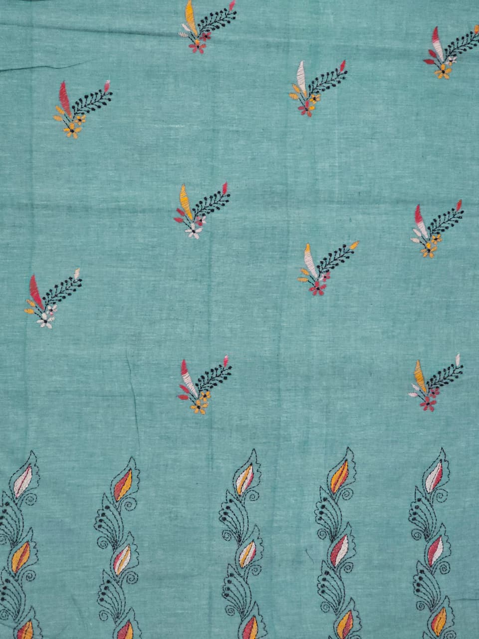 Haripriya – Sea Green Kantha Hand Embroidered Cotton Saree with Indigo Border - Kleemkaara