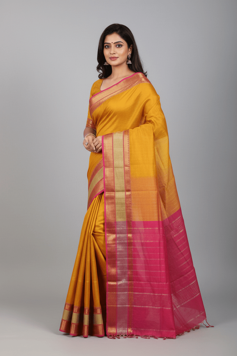 Hemantika – Yellow Handloom Mangalagiri Silk Cotton Saree with Pink Pallu - Kleemkaara