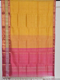 Hemantika – Yellow Handloom Mangalagiri Silk Cotton Saree with Pink Pallu - Kleemkaara