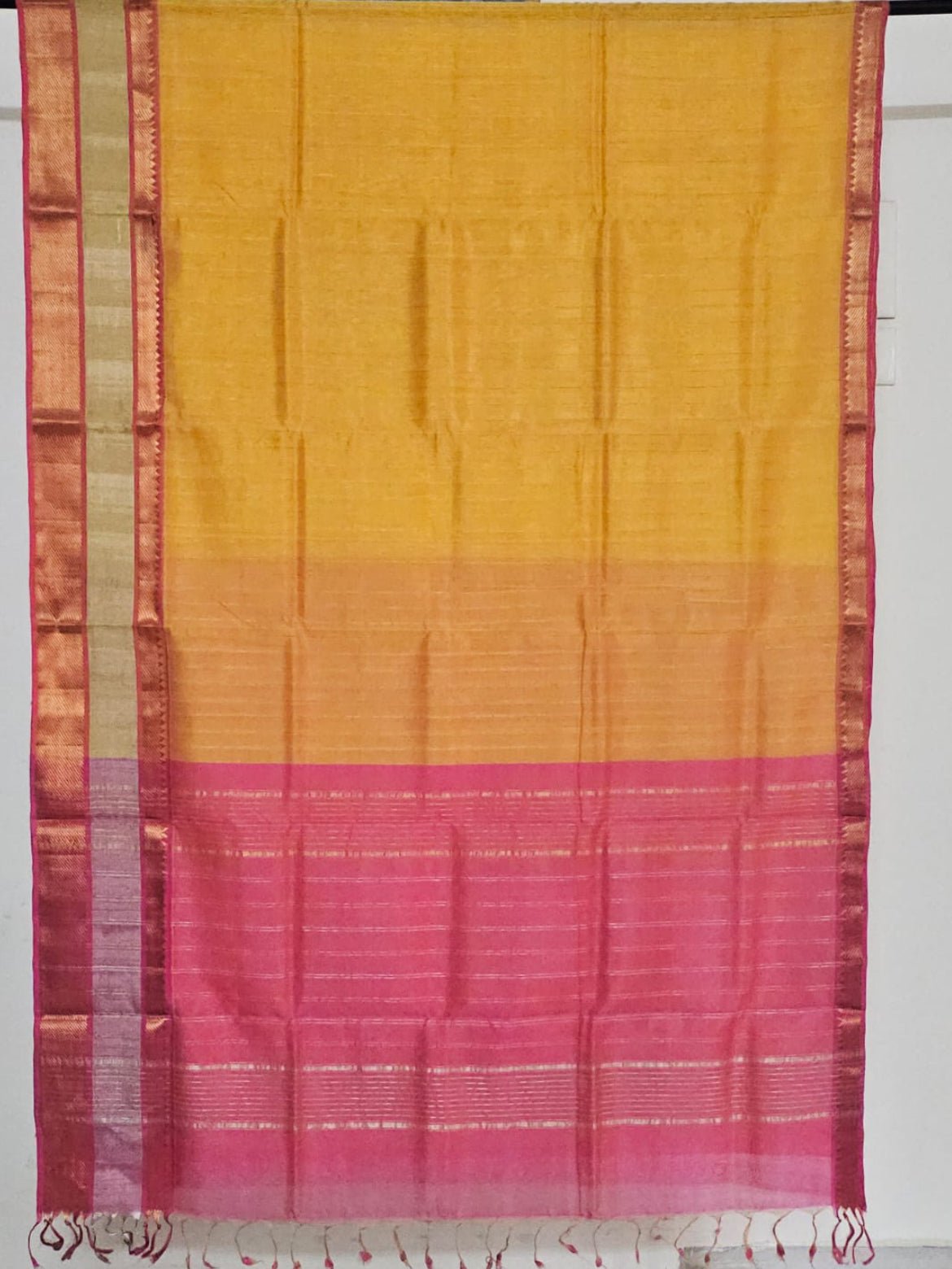 Hemantika – Yellow Handloom Mangalagiri Silk Cotton Saree with Pink Pallu - Kleemkaara