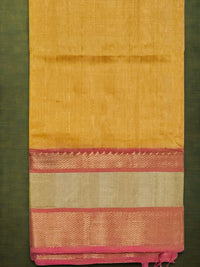 Hemantika – Yellow Handloom Mangalagiri Silk Cotton Saree with Pink Pallu - Kleemkaara