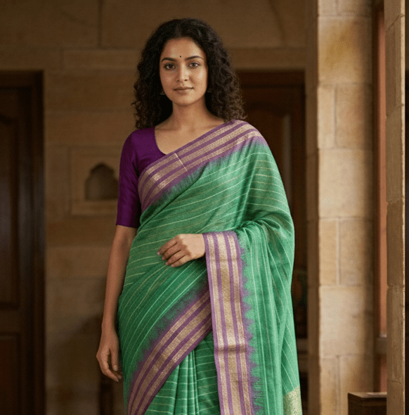 Hemavalli – Green Handloom Kanchi Silk Cotton Saree with Lavender Zari Border - Kleemkaara