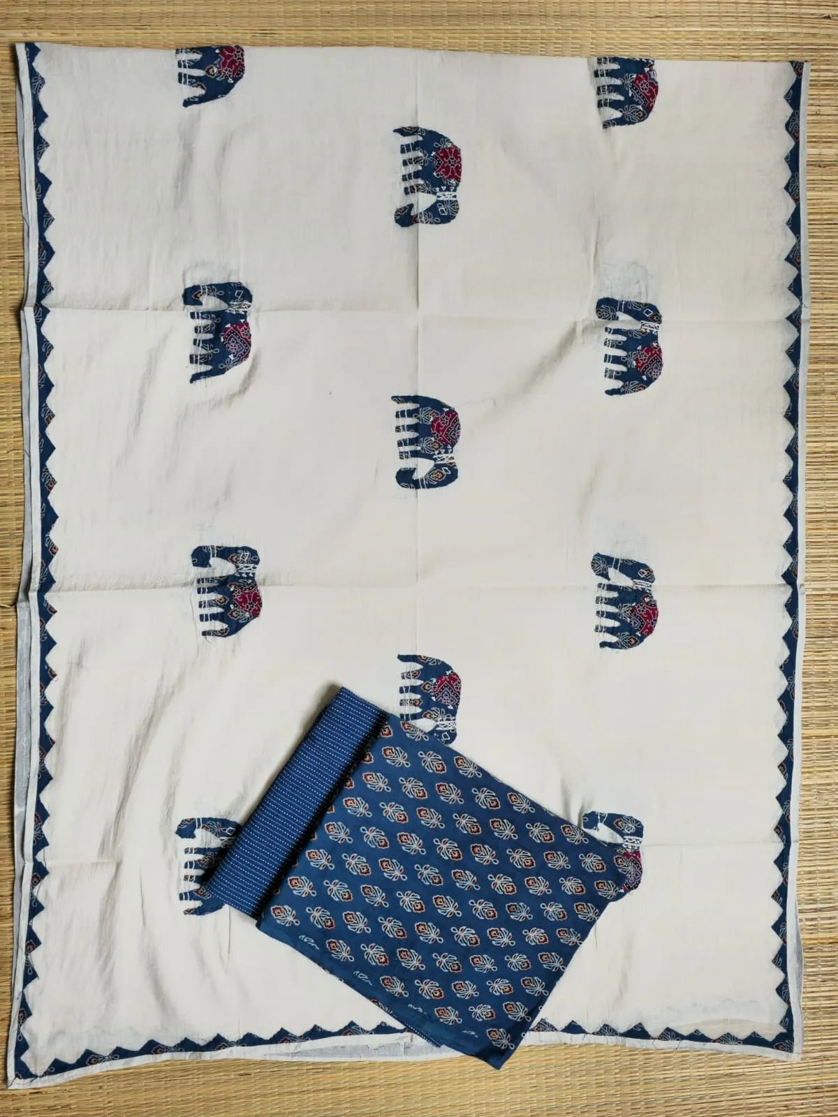Indigo Ajrakh Hand Block Print Cotton Suit Material with Barmer Applique Mul Dupatta | 3-Piece Unstitched Set - Kleemkaara