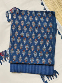 Indigo Ajrakh Hand Block Print Cotton Suit Material with Barmer Applique Mul Dupatta | 3-Piece Unstitched Set - Kleemkaara